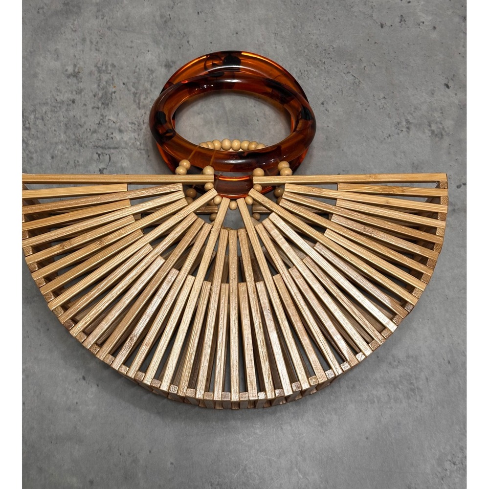 Bamboo Half Moon Cage Clutch Bag Tortoise Shell Ring Handles Natural Wood Boho